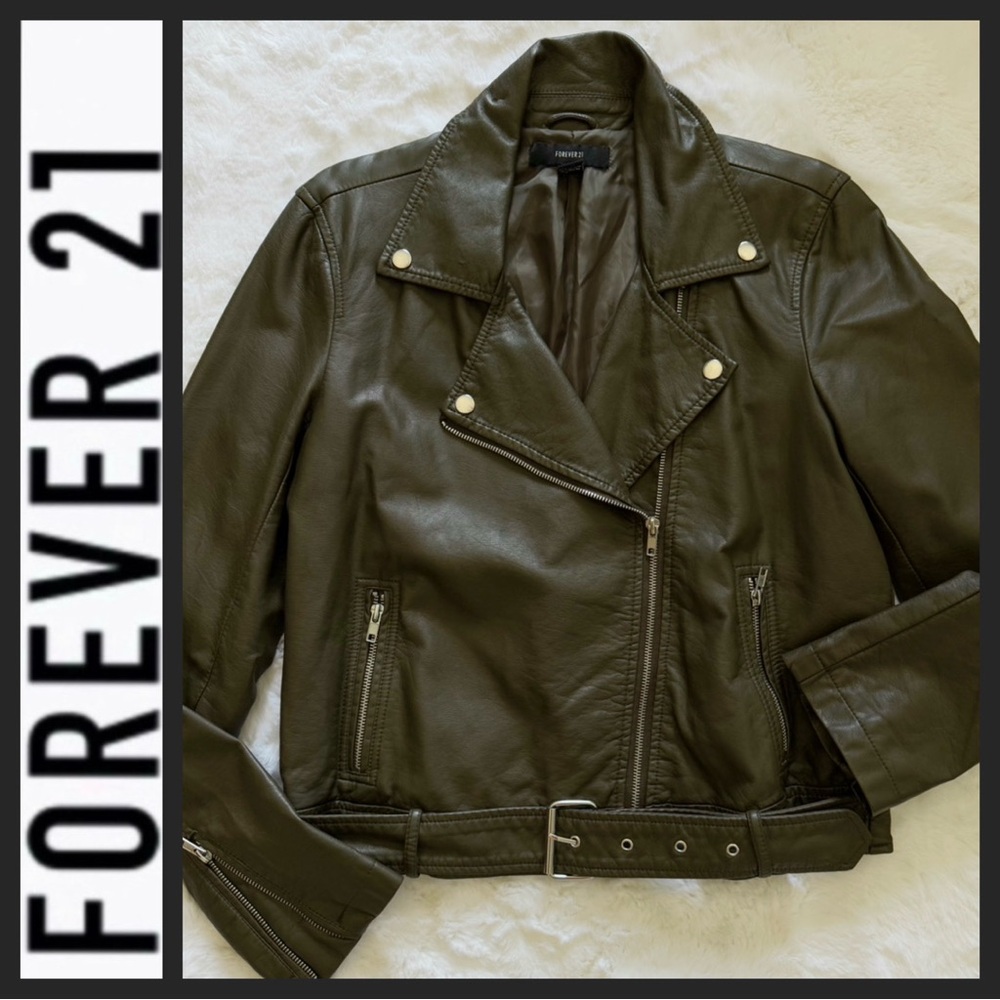 NWOT F21 Faux Leather Olive Green Moto 
Jacket